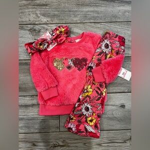 Btween Pink Heart Fleece Set with Floral Pants 18 months NWT